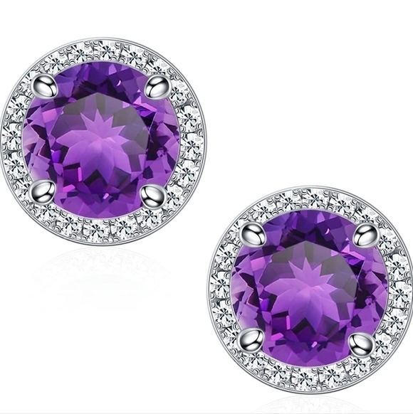 February 18k White Gold Amethyst Birthstone Diamond Halo Stud Earrings S925 Gem - Picture 2 of 5
